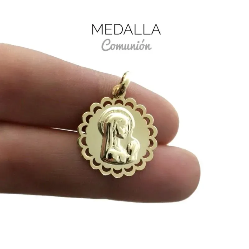 Medalla colgante plata Ley 925m chapada oro 19mm. Virgen Niña lisa borde calado forma