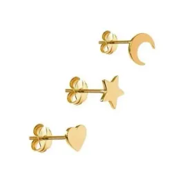 Pendientes plata Ley 925m chapada oro pack x3 estrella corazón media luna cierre presión mujer
