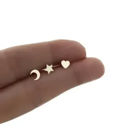 Pendientes plata Ley 925m chapada oro pack x3 estrella corazón media luna cierre presión mujer