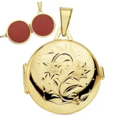 Colgante oro 18k portafotos 23mm. labrado flores redondo [AB9405]