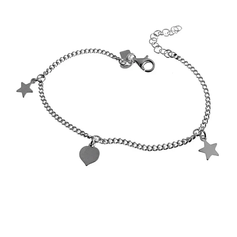 Pulsera plata Ley 925m barbada 16.5cm. estrellas corazón lisos cierre mosquetón mujer [AC1211]