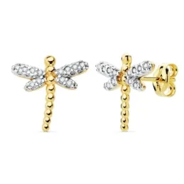 Pendientes oro bicolor 18k mujer 12mm. libélula detalles alas circonitas cierre presión