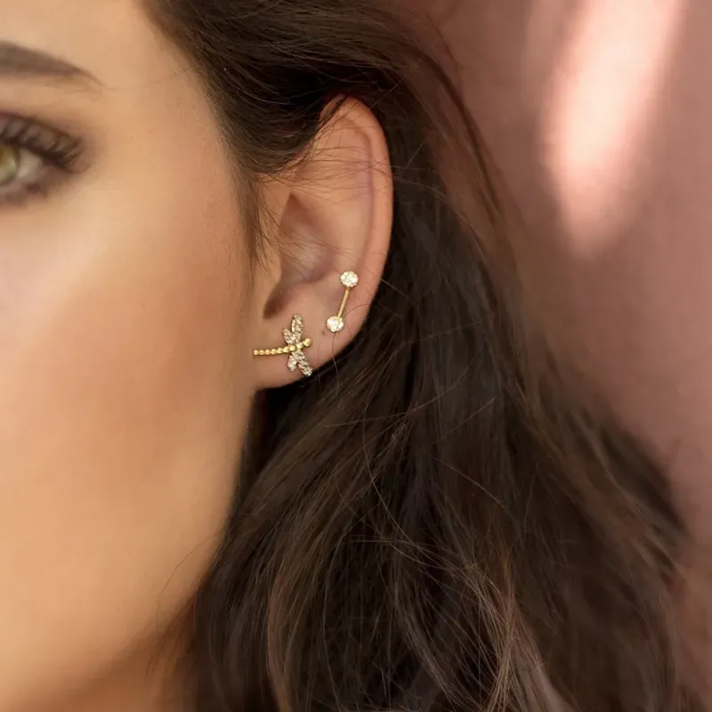 Pendientes oro bicolor 18k mujer 12mm. libélula detalles alas circonitas cierre presión