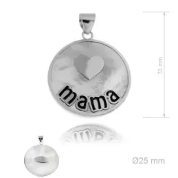 Colgante plata Ley 925m rodiada MAMÁ 25mm. detalle centro corazón liso redondo base nácar
