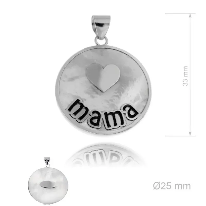 Colgante plata Ley 925m rodiada MAMÁ 25mm. detalle centro corazón liso redondo base nácar