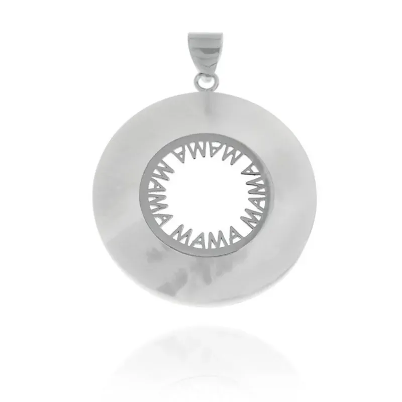 Colgante plata Ley 925m rodiada MAMÁ 30mm. disco nácar centro palabra lisa calada