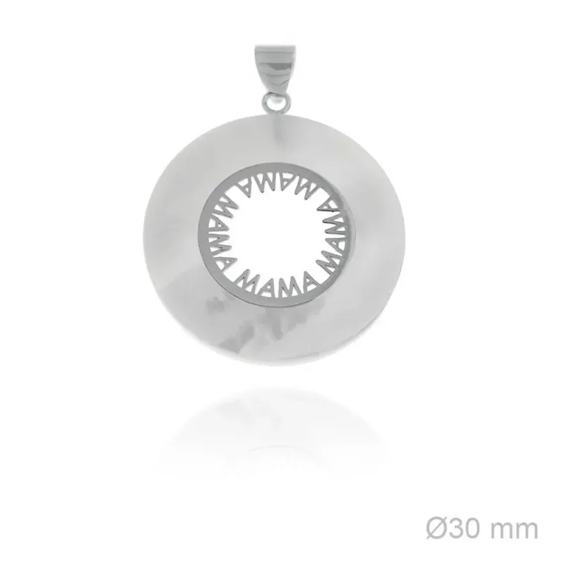 Colgante plata Ley 925m rodiada MAMÁ 30mm. disco nácar centro palabra lisa calada