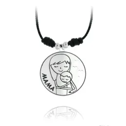 Gargantilla plata Ley 925m rodiada MAMÁ cordón macramé 40cm. colgante madre bebé corazones calados