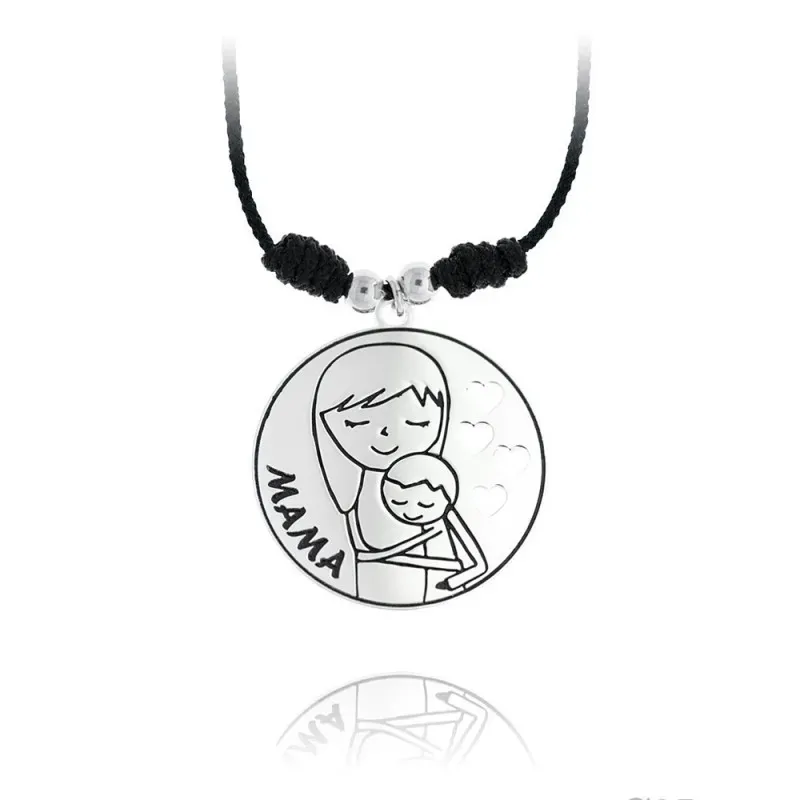 Gargantilla plata Ley 925m rodiada MAMÁ cordón macramé 40cm. colgante madre bebé corazones calados