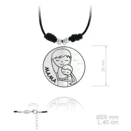 Gargantilla plata Ley 925m rodiada MAMÁ cordón macramé 40cm. colgante madre bebé corazones calados