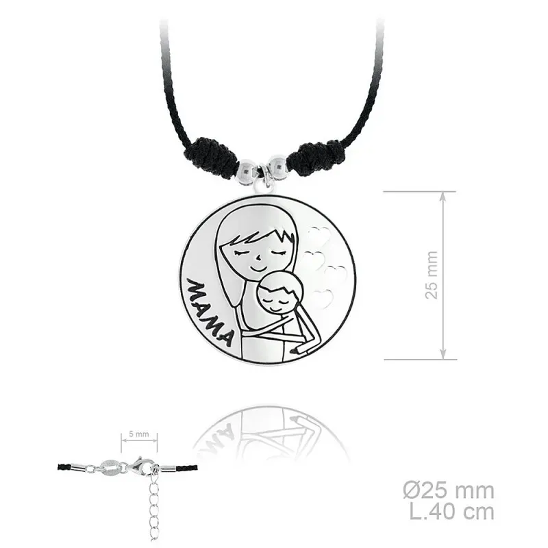 Gargantilla plata Ley 925m rodiada MAMÁ cordón macramé 40cm. colgante madre bebé corazones calados