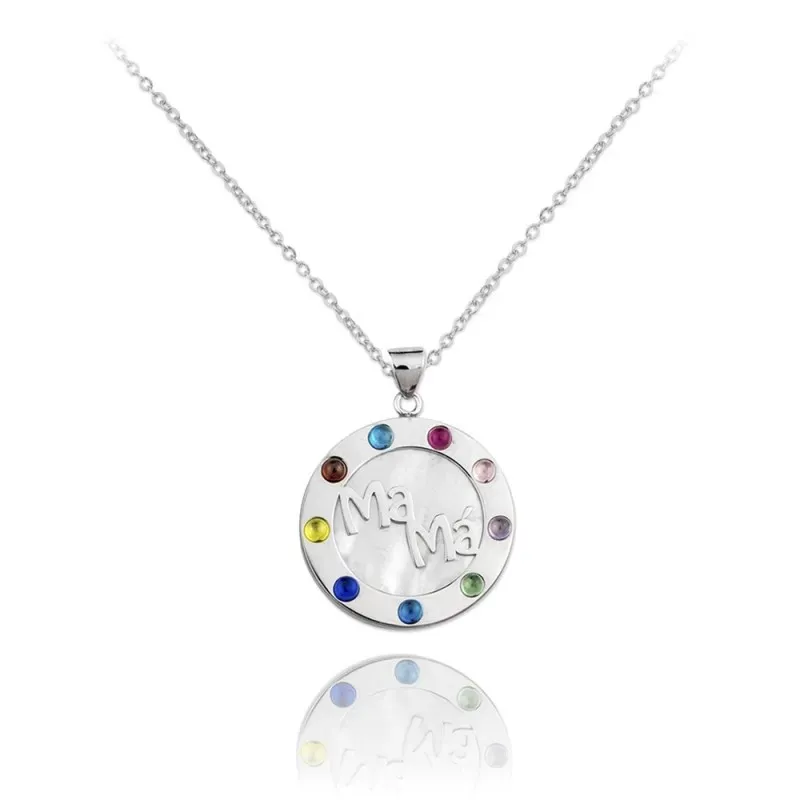 Gargantilla plata Ley 925m rodiada cadena 38.5cm colgante MAMÁ borde liso piedras colores base nácar