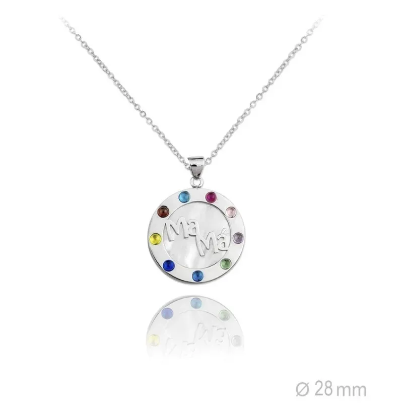 Gargantilla plata Ley 925m rodiada cadena 38.5cm colgante MAMÁ borde liso piedras colores base nácar