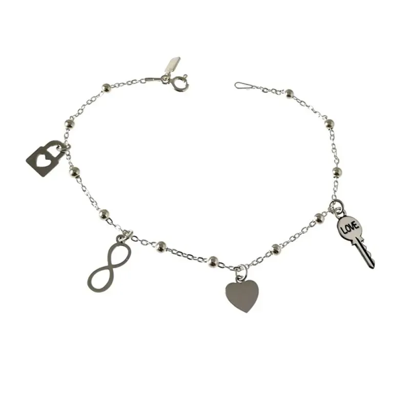 Pulsera plata Ley 925m cadena combianda 19cm. bolas motivos llave cor