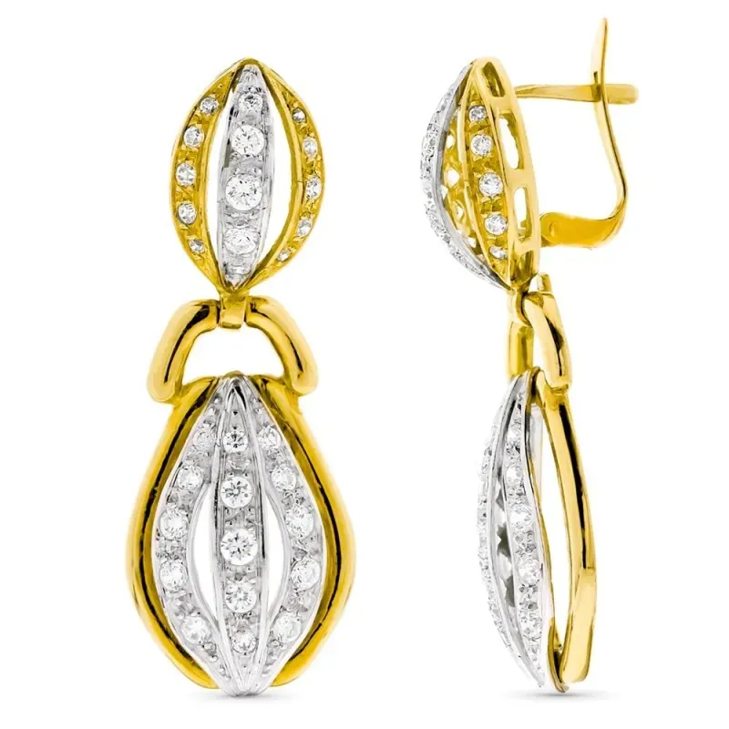 Pendientes oro bicolor 18k largos formas ovales circonitas cierre cat