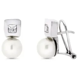 Pendientes oro blanco 18k tuyyo 14mm. perla cultivada cuadrado circon