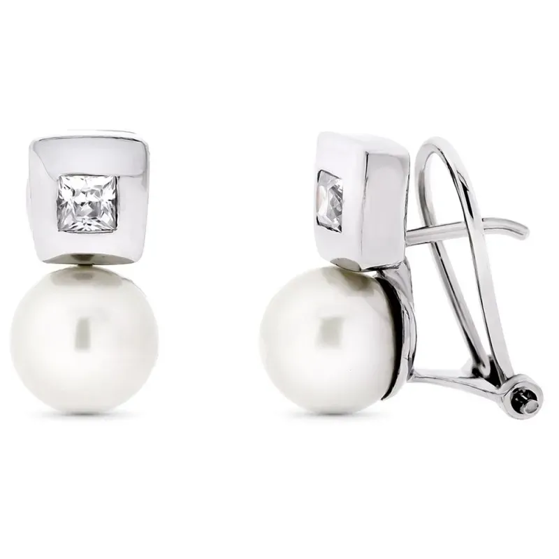 Pendientes oro blanco 18k tuyyo 14mm. perla cultivada cuadrado circon