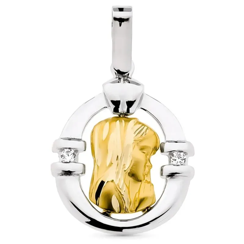 Colgante oro bicolor 18k silueta Virgen Niña cerco diamantes 0.036ct.