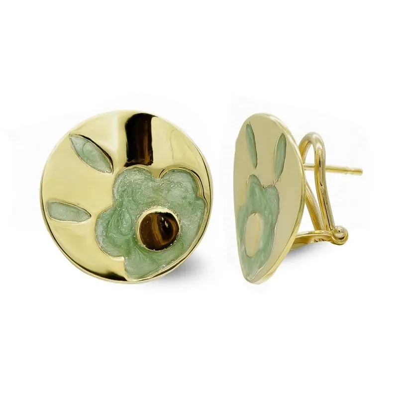 Pendientes oro 18k mujer redondos 19 mm. esmalte flor