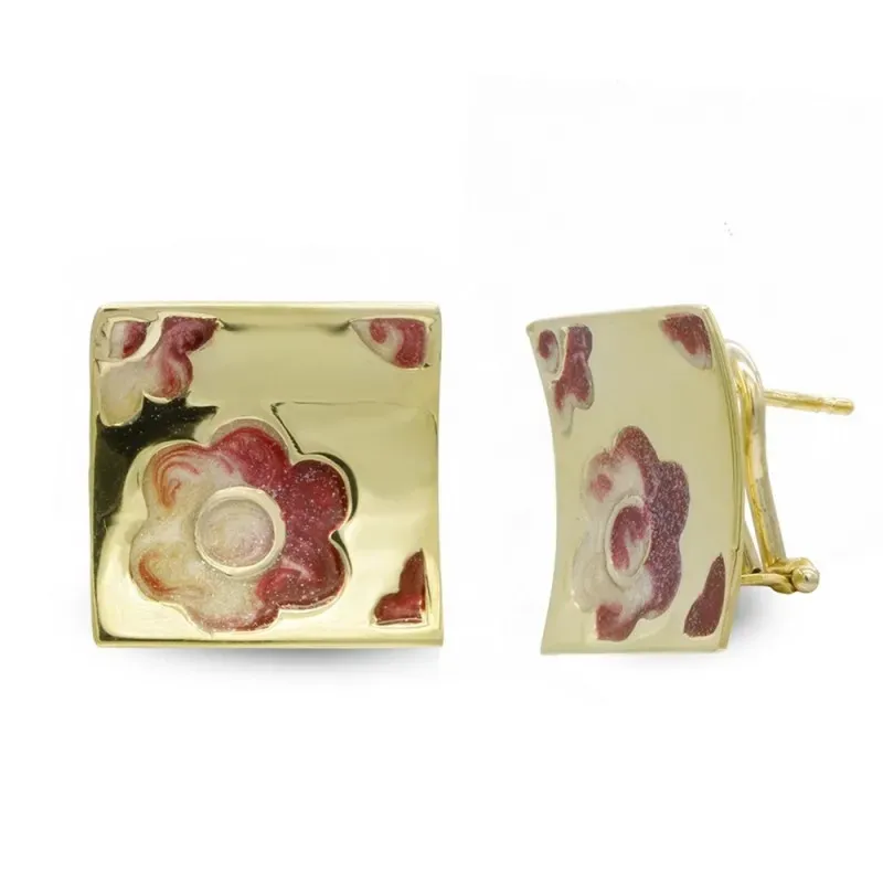 Pendientes oro 18k mujer cuadrados 17 mm. esmalte flor