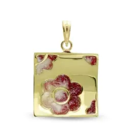 Colgante oro 18k mujer cuadrado 17 mm. esmalte flor