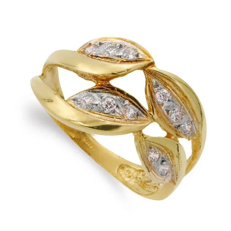 Sortija oro bicolor 18k mujer hojas con circonitas combinadas caladas