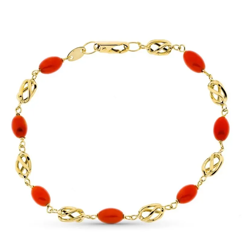 Pulsera oro 18k mujer 19 cm. coral fino cerdeña jaula