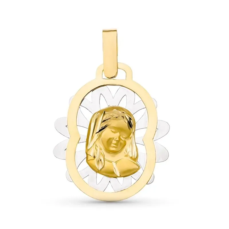 Medalla oro bicolor 18k Virgen Niña 22 mm. calada combinada flor tras