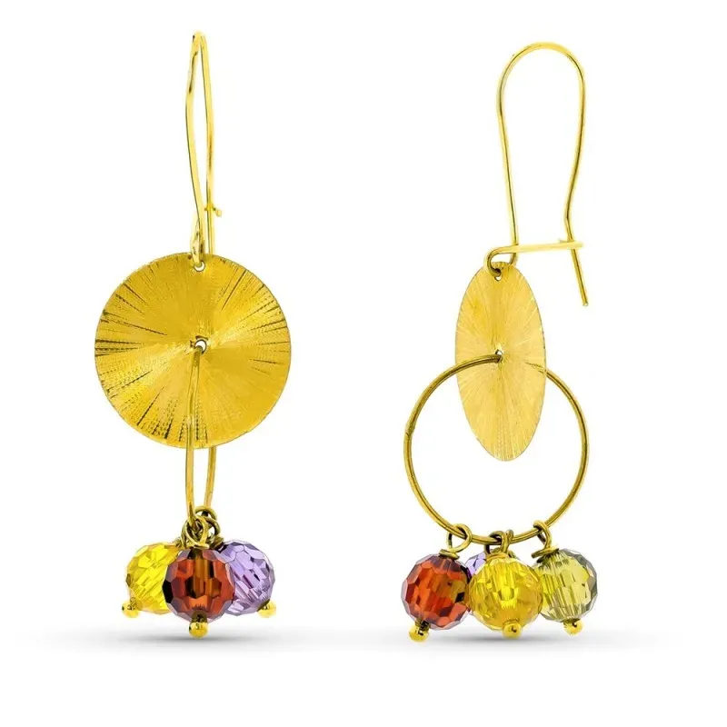 Pendientes oro 18k mujer largos chapa tallada combinada piedras color