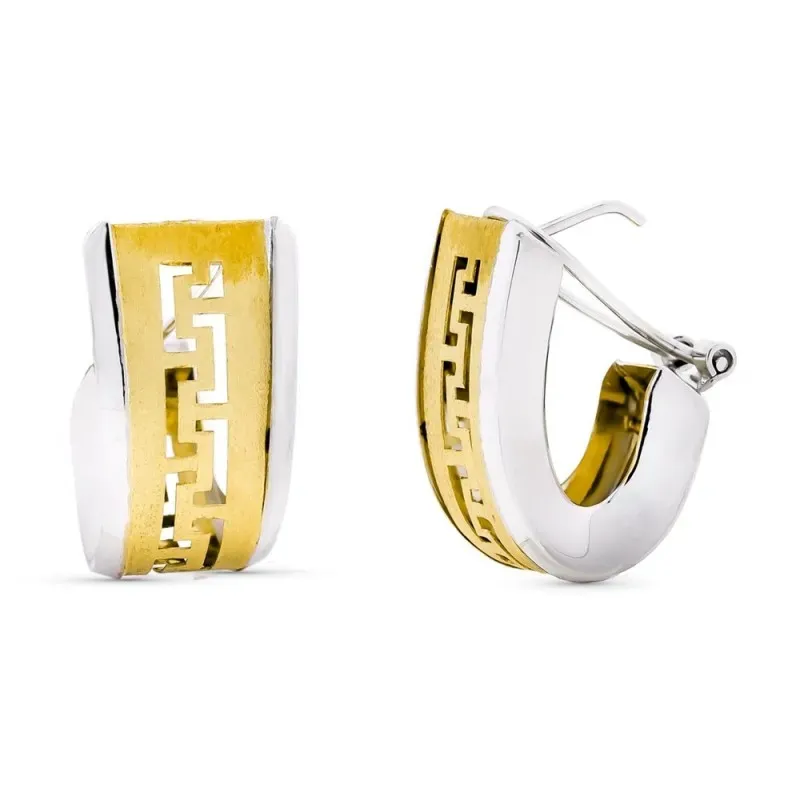 Pendientes oro bicolor 18k mujer greca calada combinados lisos cierre