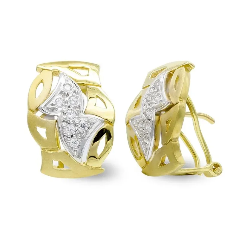 Pendientes oro bicolor 18k mujer hojas mate brillo combinadas circoni