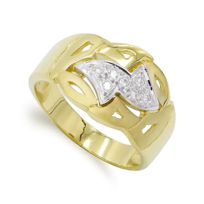 Sortija oro bicolor 18k mujer hojas mate brillo circonitas combinadas