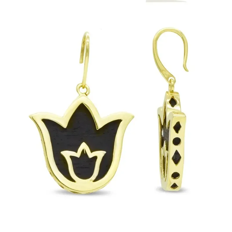 Pendientes oro 18k mujer largos forma tulipán combinada ébano hippie