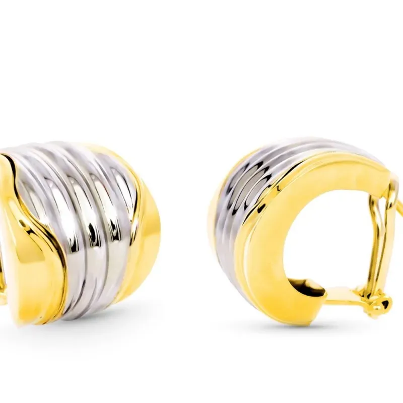 Pendientes oro bicolor 18k mujer 18 mm. lisos combinados detalles cen