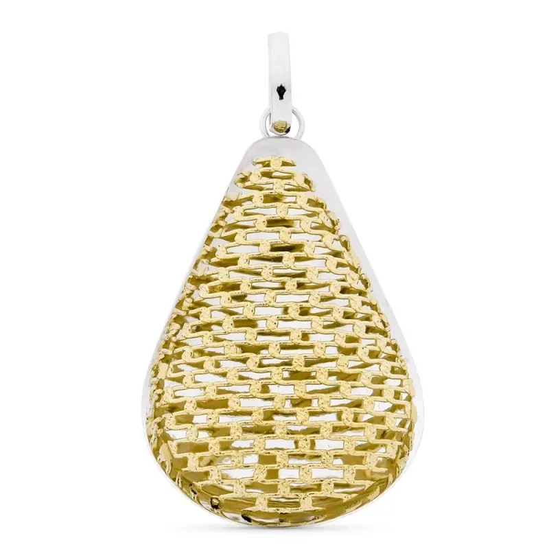 Colgante oro bicolor 18k mujer forma gota malla calada formas