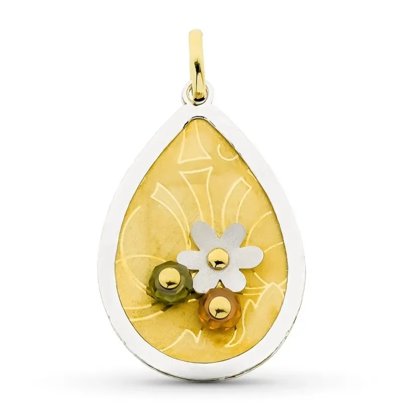 Colgante oro bicolor 18k mujer 44 mm. forma gota detalles flor combin