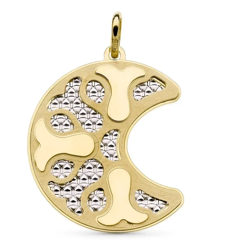 Colgante oro bicolor 18k mujer forma luna detalles combinados