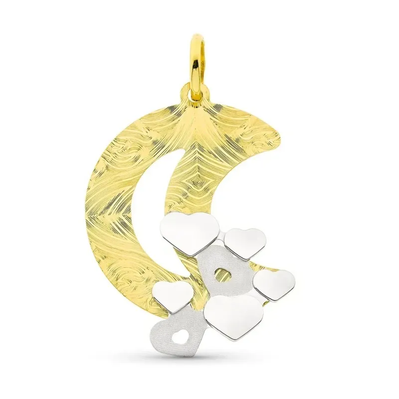Colgante oro bicolor 18k mujer forma luna detalles combinada corazóne