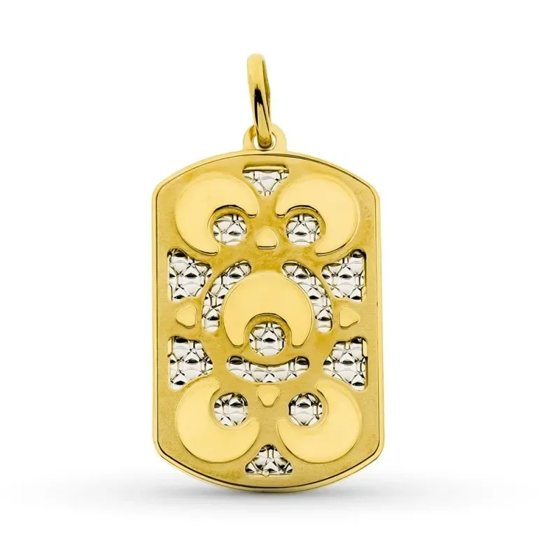 Colgante oro bicolor 18k mujer 35 mm. rectangular detalles formas lun