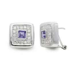 Pendientes oro blanco 18k mujer amatista centro combinada circonitas
