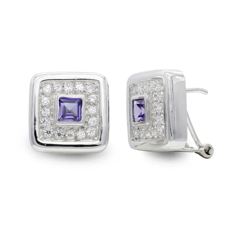 Pendientes oro blanco 18k mujer amatista centro combinada circonitas