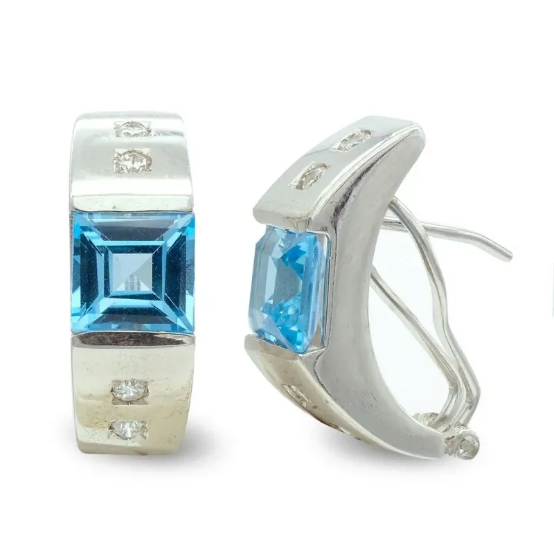 Pendientes oro blanco 18k mujer topacio azul centro combinado circoni