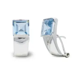 Pendientes oro blanco 18k lisos combinados piedra aguamarina omega