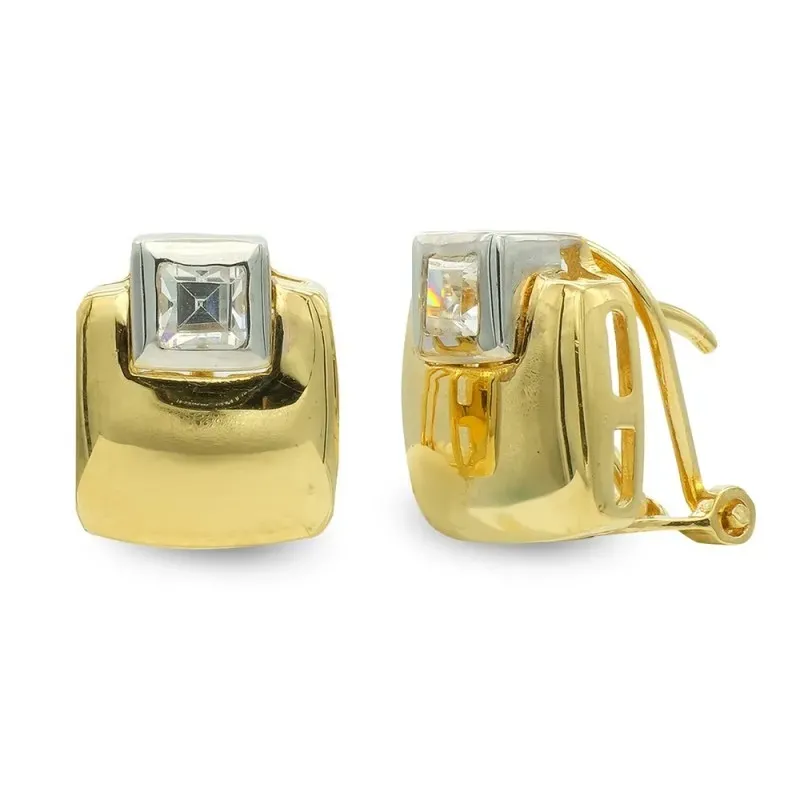 Pendientes oro bicolor 18k mujer cuadrados lisos circonita omega