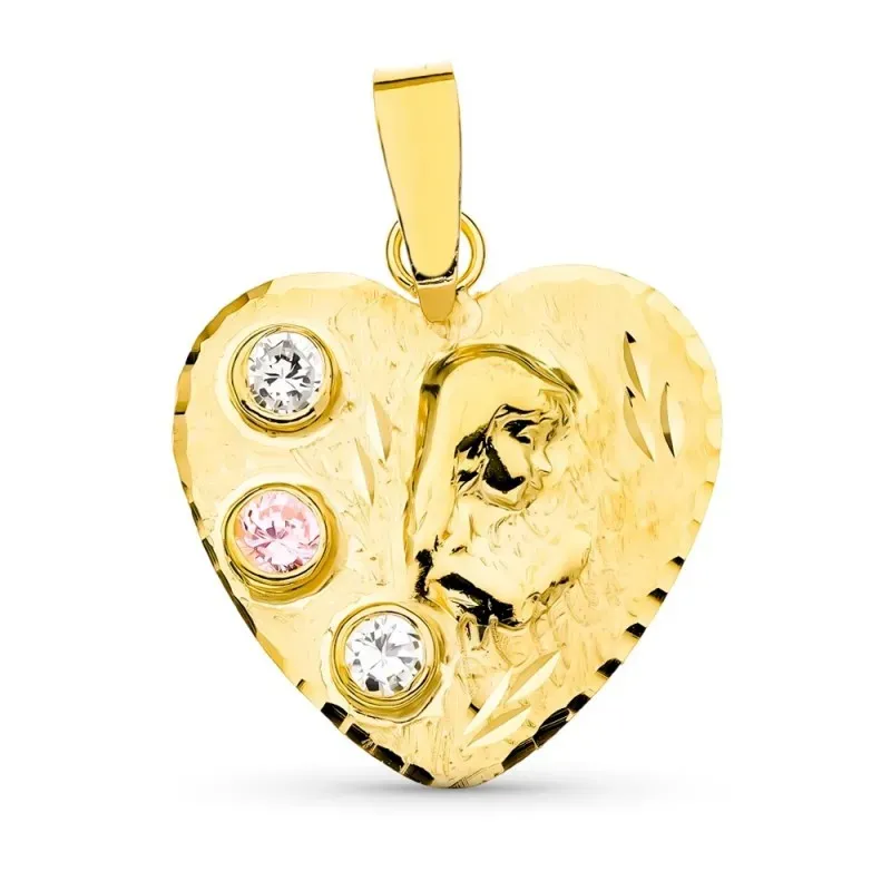 Virgen Niña colgante oro 18k niña 23 mm. Primera Comunión forma coraz