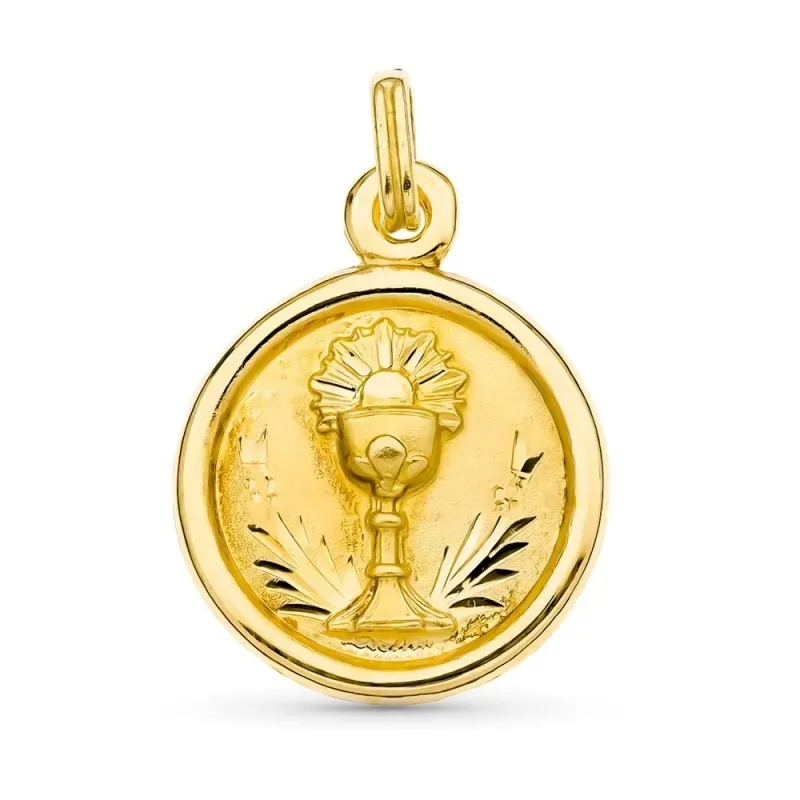 Cáliz Primera Comunión medalla oro 18k unisex 20 mm. detallese tallad