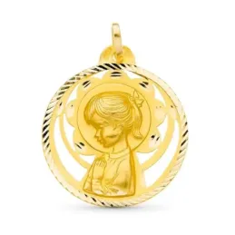 Virgen Niña medalla oro 18k niña 26 mm. Primera Comunión calada detal