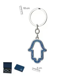Mano de Fátima Llavero metálico de 10 cm. calado color azul ancho de