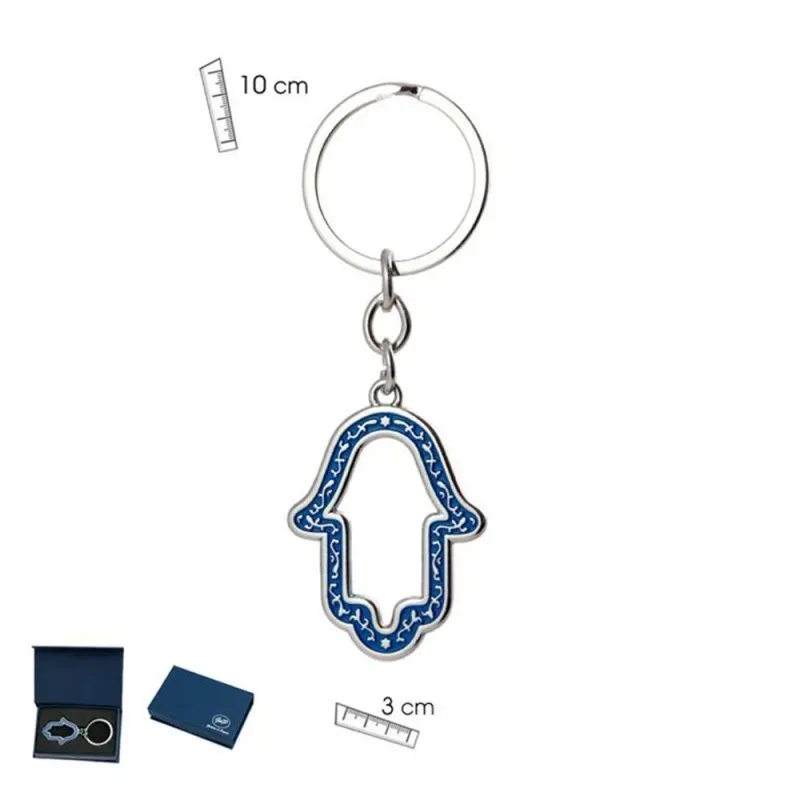 Mano de Fátima Llavero metálico de 10 cm. calado color azul ancho de