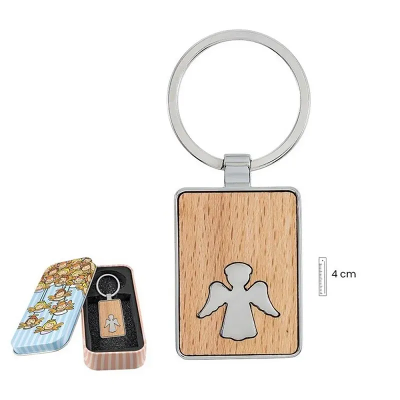 Llavero madera combinado metal 4 cm. rectangular detalle Ángel centro
